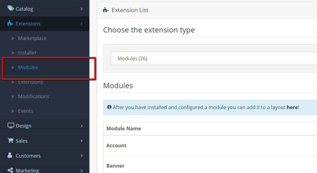 Featured image for Show Module Link at Left Menu Admin OpenCart 4, 3, 2